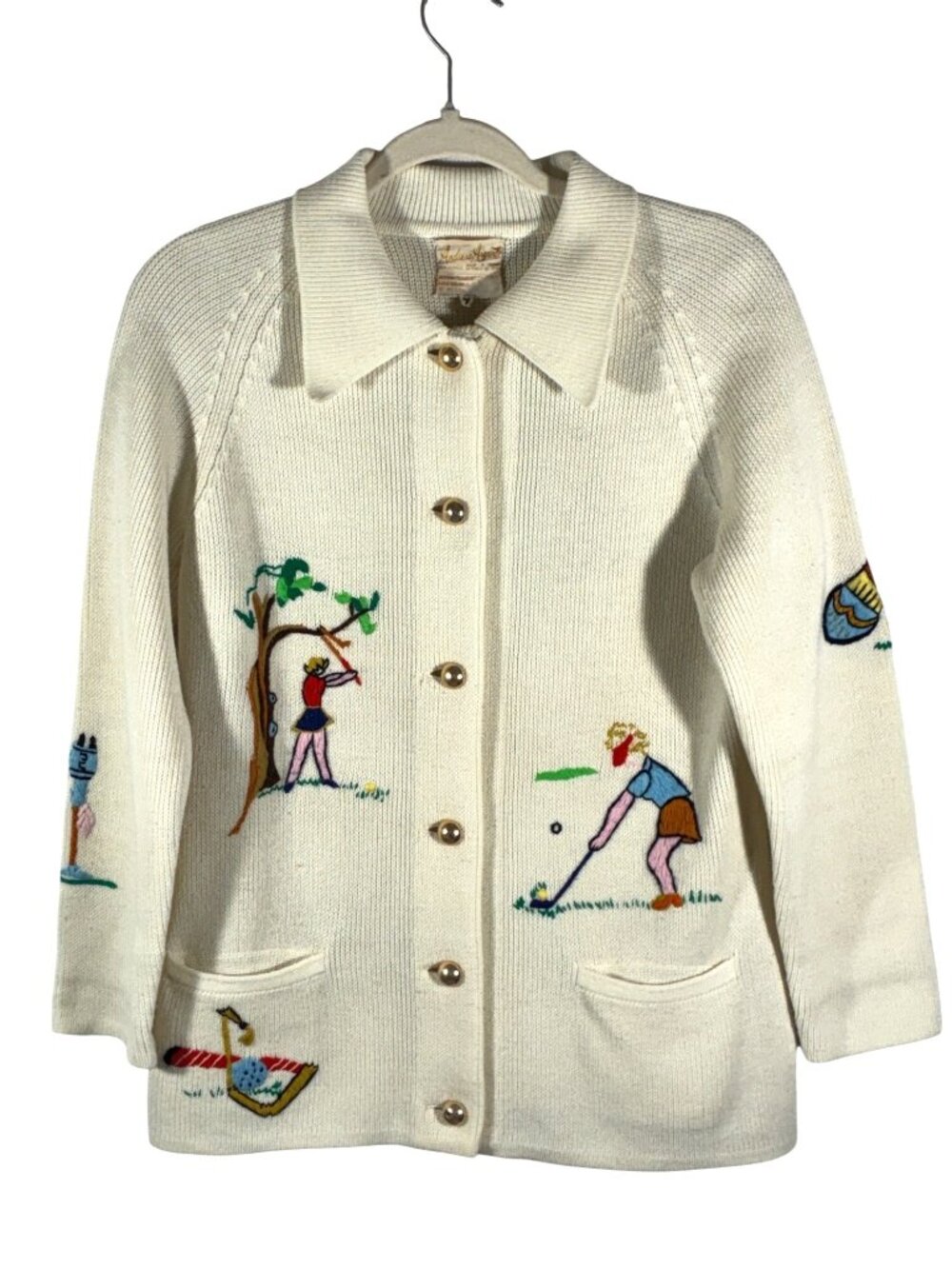 Vintage Andreo Argenti Embroidered Golf-Themed Cardigan Sweater 100% Acrylic M